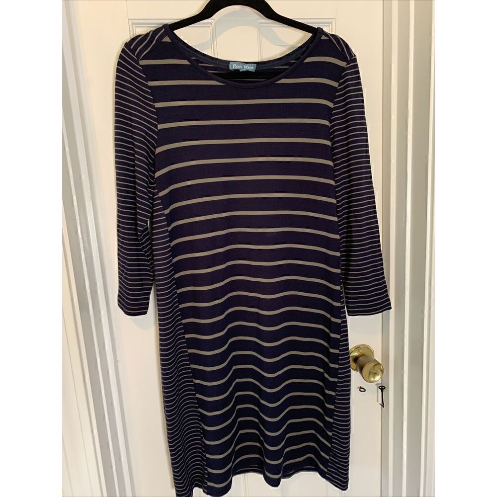Fleur Bleue Dress Shift Striped Navy Blue Green Women's Medium M